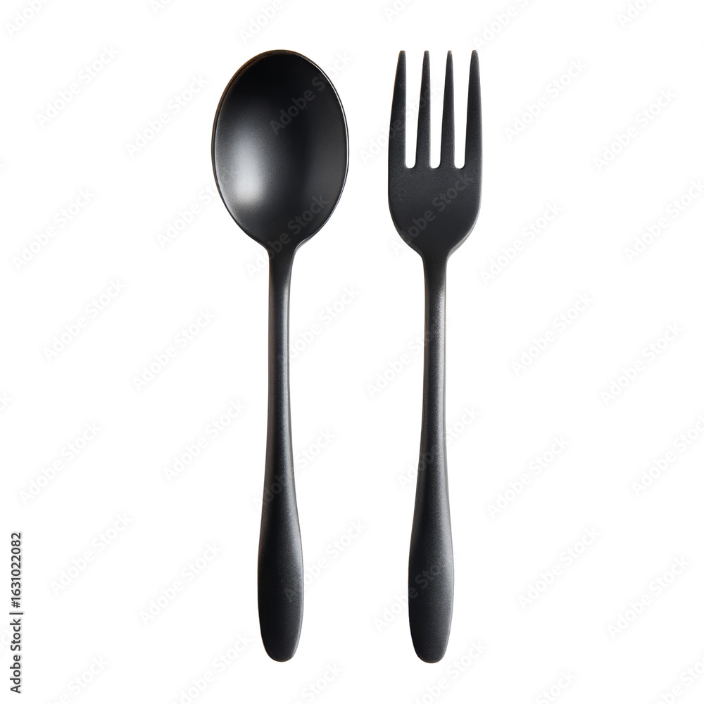 Poster sleek black spoon and fork set, perfect for modern dining experiences. ideal for casual meals or ele