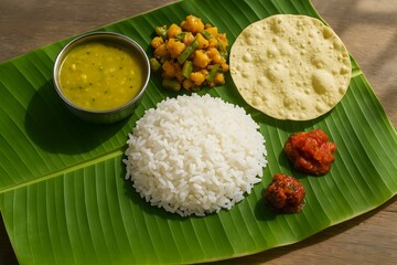 Indian Vegetarian Food: Rice, Dal, Curry, and Fresh Vegetables on Plate