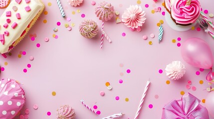 Fototapeta premium Cheerful Pink Backgrounds for Birthday Parties: Vibrant Shades of Blush, Fuchsia, and Pastel Pink Adorned with Balloons, Confetti, and Cake Elements, Perfect for Party Invitations, Photo Backdrops
