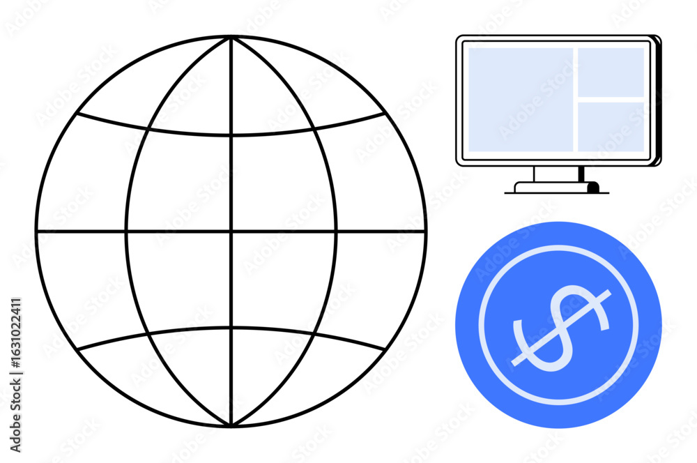 Poster globe symbolizing network connectivity, monitor for digital interface, dollar sign for currency and 