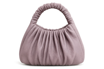 Pink leather handbag featuring gathered texture, circular handle, displayed against transparent backdrop highlighting design details
