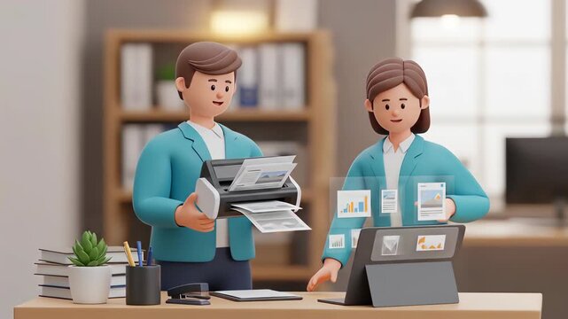 3d illustration of two cartoon business people are working in the office, one is printing documents and the other is analyzing data on a laptop, creating a productive and collaborative atmosphere