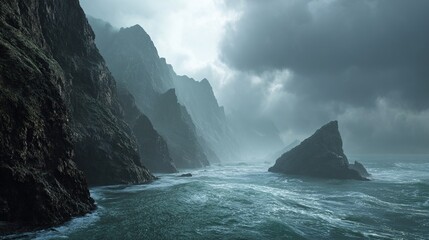 Dramatic coastal scene of dark, imposing cliffs shrouded in mist and rain, with turbulent waves crashing against rocky outcrops in a moody, atmospheric seascape