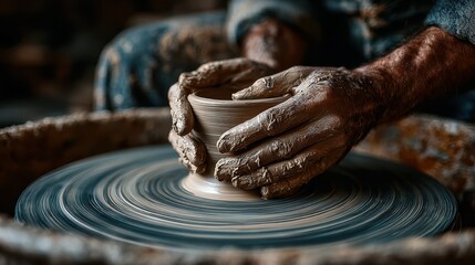 Close up of hands shaping clay on a pottery wheel.