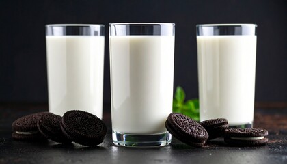 Segelas Minuman susu Krim dengan Kue Sandwich Cokelat, Kombinasi Camilan Klasik.	