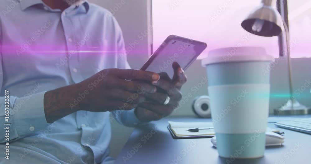 Poster office pro gripping smartphone on tech demo, navigating menus with taps while magenta light pulsing