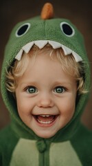 Close up portrait of a toddler with blond curly hair wearing a green dinosaur costume, smiling happily. 