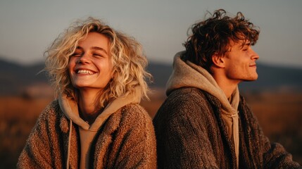 Happy young couple sitting outdoors at sunset, enjoying the warm golden light. They are wearing warm brown hoodies.