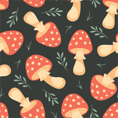 Amanita Mushroom Vector Seamless Pattern. Cartoon Red Amanita Mushroom on Black Background. Forest Background. Poisonous Mushroom Fabric. Amanita Nature Decor, Woodland Print Design
