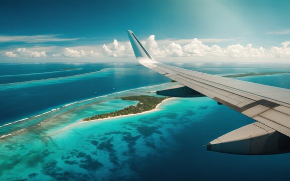 Fototapeta Aerial View of Tropical Island Paradise Seen from Airplane Window