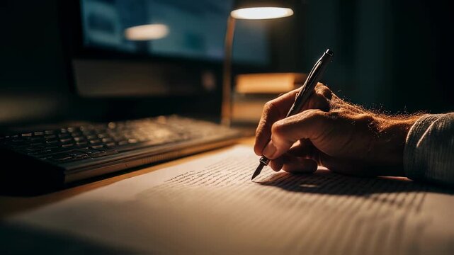 Editor proofreading a novel manuscript late at night under warm desk lighting highlighting concentration and attention to detail in publishing.