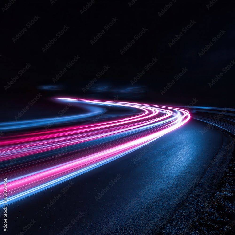 Poster dynamic motion on a neon lit road in darkness swift movement along the path vibrant light trails sig