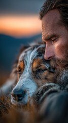 Close up of a man and his dog covered in frost during a cold sunrise. Tender moment of companionship between human and animal in nature.