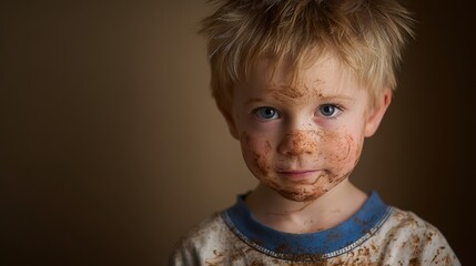 Portrait of a toddler with chocolate or dirt on his face and clothes against a brown background.