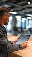 Man using tablet in modern office, seated at light wooden table. Gray denim jacket, short beard, side profile.