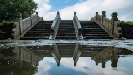 Obraz premium Stone Staircase Reflecting in Water Under a Blue Sky
