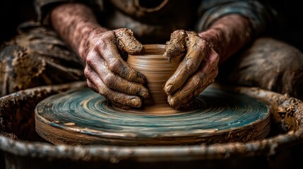Close up of hands shaping clay on a pottery wheel. Muddy, earthy tones and textures.