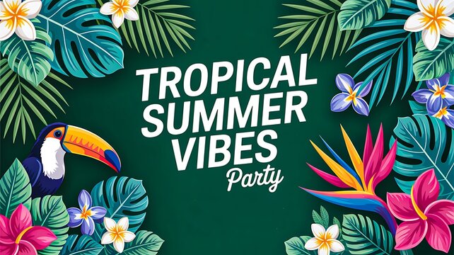 Tropical summer party poster with exotic flowers leaves and toucan bird on green background

