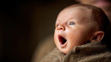 Close up portrait of a newborn baby yawning, covered in a brown textured fabric. Soft lighting, dark background.