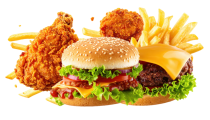 New Menu Announcement Banner Concept with Fast Food Items in mid-air on White background