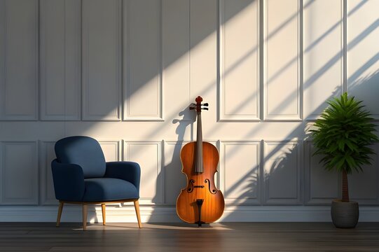 Cello and blue armchair in sunlit room with paneled wall and plant string instrument musical instrument - Powered by Adobe