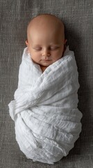 Newborn baby sleeping peacefully swaddled in a white blanket on a black and white textured background.