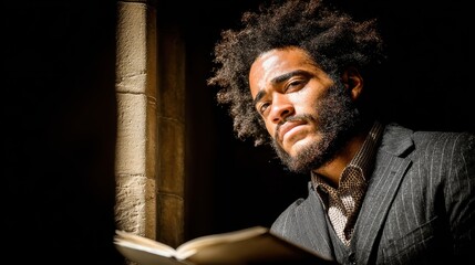 Pensive man with dark curly hair reads a book in dim light, near a stone window. Dramatic lighting and textures.