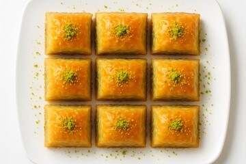 Middle Eastern Gourmet Baklava: Delicious Flaky Pastry Dessert with Rich Pistachio and Honey Flavor