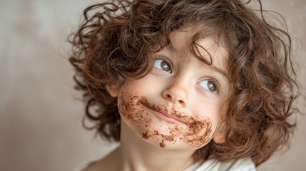 A toddler with chocolate smeared on their face and curly brown hair looks up.