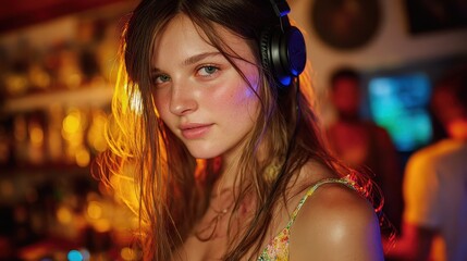 Young woman with headphones, wearing a sheer veil, in a dimly lit bar setting. Warm, colorful lighting.