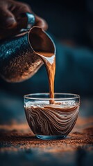Dark moody close up of a hand pouring creamy liquid from a metallic pot into an ornate glass. 