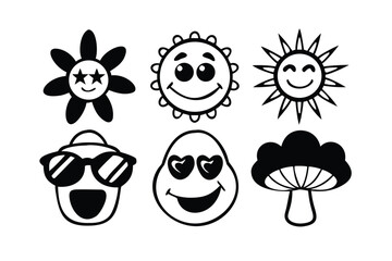Groovy Retro Cartoon Mascot Vector Set. Cute 70s Style Smiley Face Illustrations