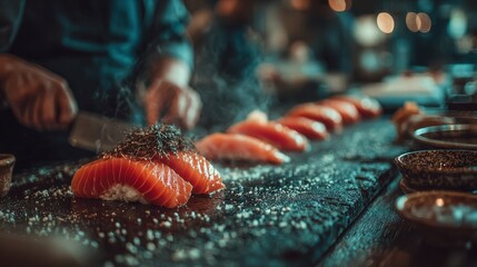 Close up of fresh salmon nigiri being prepared on a dark slate surface, with a chef in the background. Steam is visible.