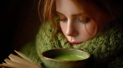 Young redhead woman in green knit scarf, holding a cup of matcha tea and a book. Low key lighting.