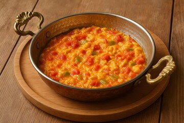Delicious Rice Dish with Vegetables and Spices in Copper Cookware