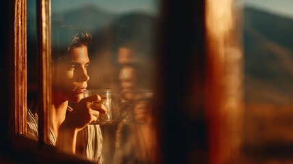 Reflective view of a person holding a glass, enjoying a drink near a window at sunset, warm light, blurred background.