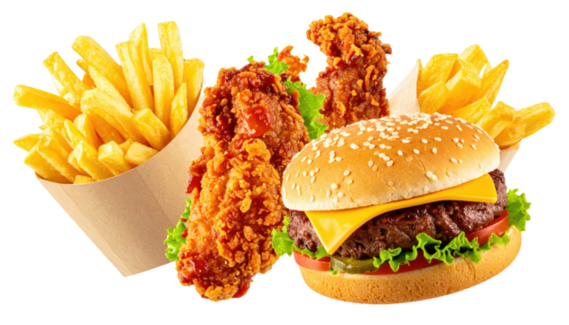 New Menu Announcement Banner Concept with Fast Food Items in mid-air on White background