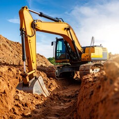 Obraz premium Excavator working in a trench