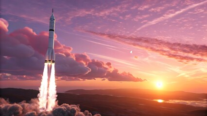 White Rocket Launching at Pink Sunset