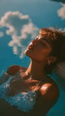 Woman relaxing in a pool, sunlight on her face and body, blue water, white bikini top.
