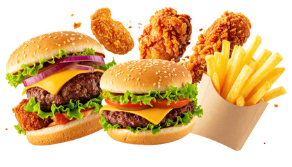 New Menu Announcement Banner Concept with Fast Food Items in mid-air on White background