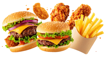 New Menu Announcement Banner Concept with Fast Food Items in mid-air on White background