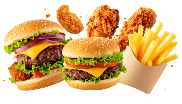 New Menu Announcement Banner Concept with Fast Food Items in mid-air on White background