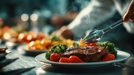 Close up of a sizzling steak with roasted vegetables, being served in a restaurant kitchen.