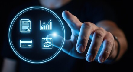 Hand Interacting with Futuristic Digital Interface of Financial Icons