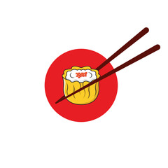 Chopsticks holding dim sum over red circle