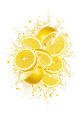 Yellow Lemon Slices in Juice Splash Isolated on Transparent Background