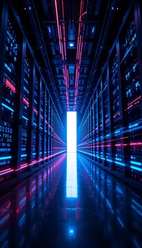 futuristic data center interior glowing with blue and pink neon lighting extending towards bright