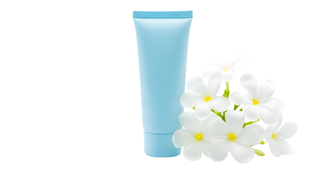 Display Light Blue Cosmetic Tube with White Flowers on Transparent Background, Beauty Treatment