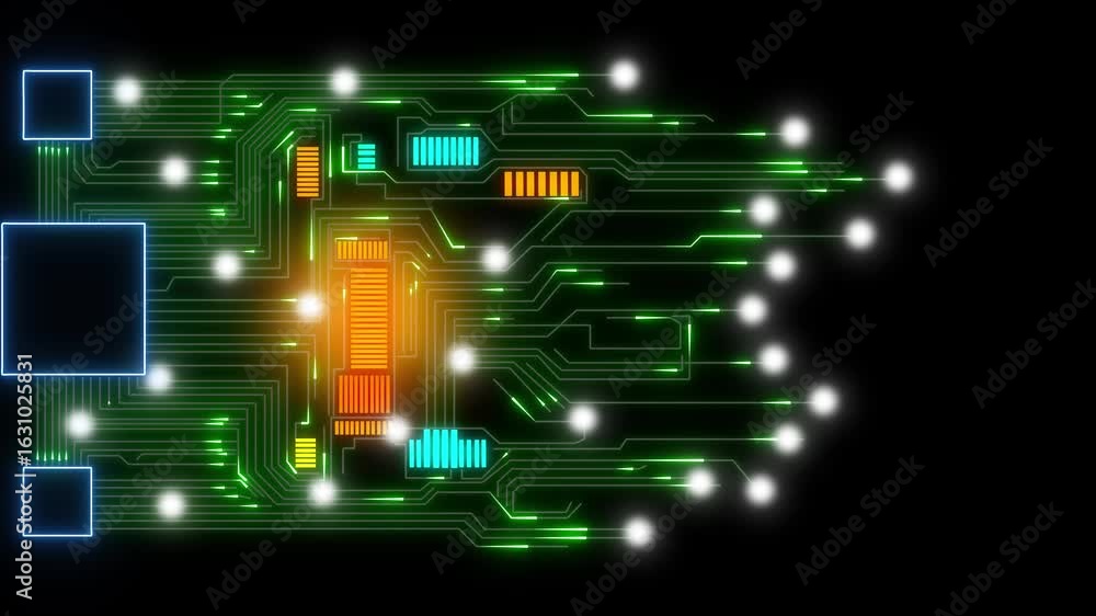 Poster circuit board technology background glowing neon lines digital data. futuristic circuit board animat